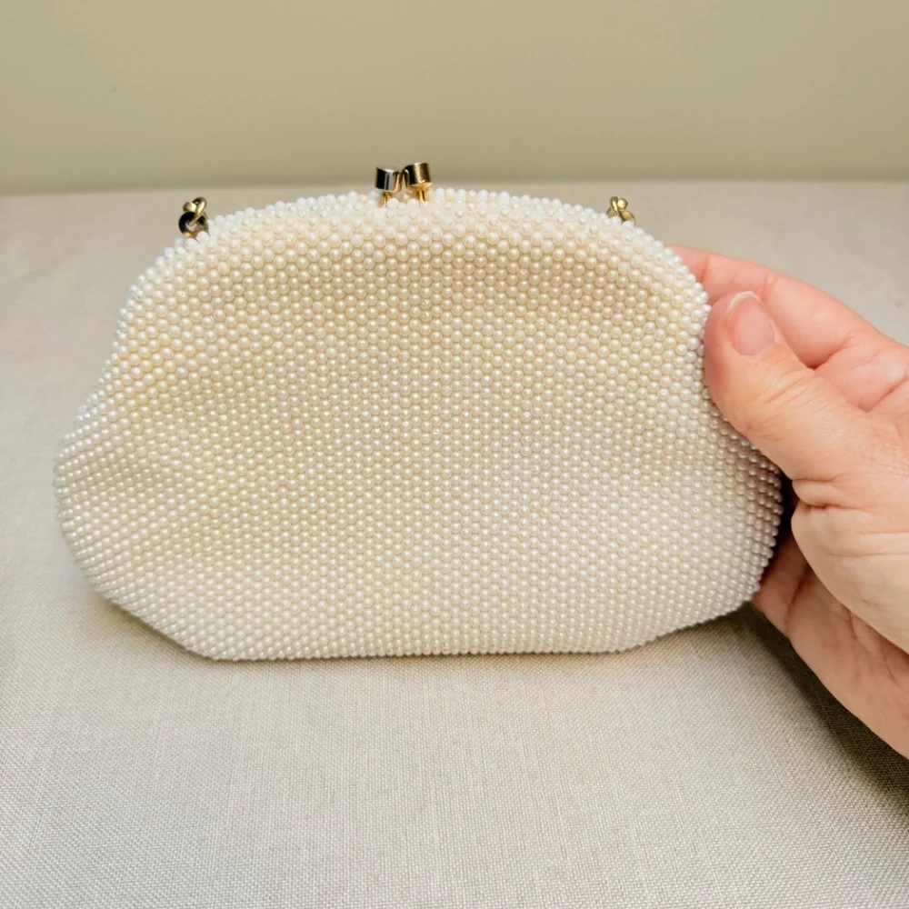 Vintage Made in Hong Kong Ivory and Gold Beaded Purse Handbag